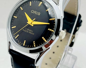 Vintage gerenoveerd mechanisch horloge | Zwarte wijzerplaat ST-96 beweging 17 juwelen polshorloge.