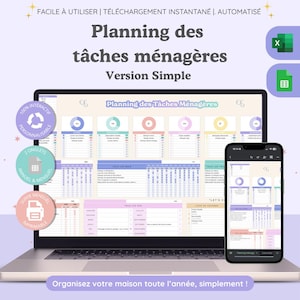 Peut inclure: Un planificateur numérique de tâches ménagères affiché sur un écran d'ordinateur portable et un smartphone. L'interface présente des graphiques, des listes de tâches hebdomadaires et des suivis mensuels avec le texte Planning des tâches ménagères.