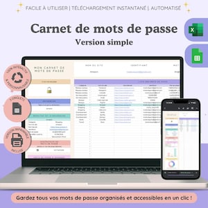 May include: A digital password tracker displayed on a laptop screen and a smartphone. The interface features columns for website names, usernames, and passwords, with interactive search and generator tools in a multi-coloured, organised spreadsheet layout.