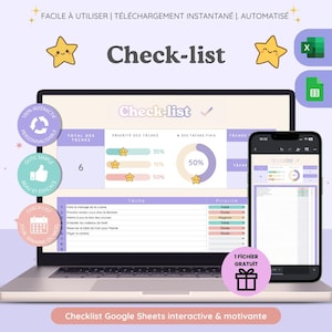 Puede incluir: Una lista de tareas interactiva digital mostrada en la pantalla de un portátil y un teléfono inteligente. La interfaz incluye una lista de tareas, niveles de prioridad y gráficos de progreso con iconos de estrellas. Texto: Check-list, Total des tâches.