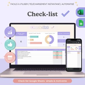 Peut inclure: Un modèle de liste de tâches numérique affiché sur un écran d'ordinateur portable et un smartphone, comprenant un tableau de bord avec des graphiques de priorité, un diagramme en anneau de progression et une liste de tâches. L'interface affiche les textes Check-list, Total des tâches et Priorité des tâches, avec des icônes Excel et Google Sheets.