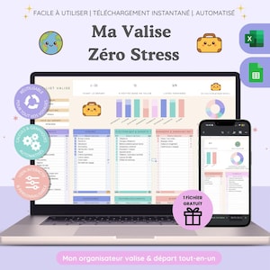 May include: A digital travel packing list spreadsheet displayed on a laptop and smartphone screen. The interface features categories for hygiene, electronics, and organization with automated charts, progress bars, and icons of a globe and suitcase.