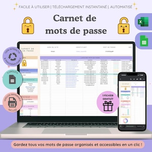 Peut inclure: Un modèle numérique de carnet de mots de passe affiché sur un écran d'ordinateur portable et un smartphone. L'interface présente des colonnes pour les sites, identifiants et mots de passe, avec des icônes Excel et Google Sheets. Texte : 'Carnet de mots de passe'.