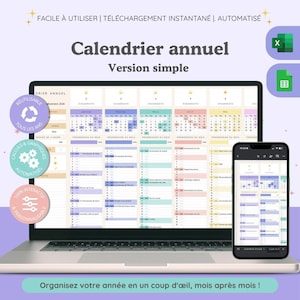 Peut inclure: Un modèle de calendrier annuel numérique affiché sur un écran d'ordinateur portable et un smartphone. L'interface présente une grille mensuelle multicolore avec des sections pour les événements, le suivi de progression et des notes.