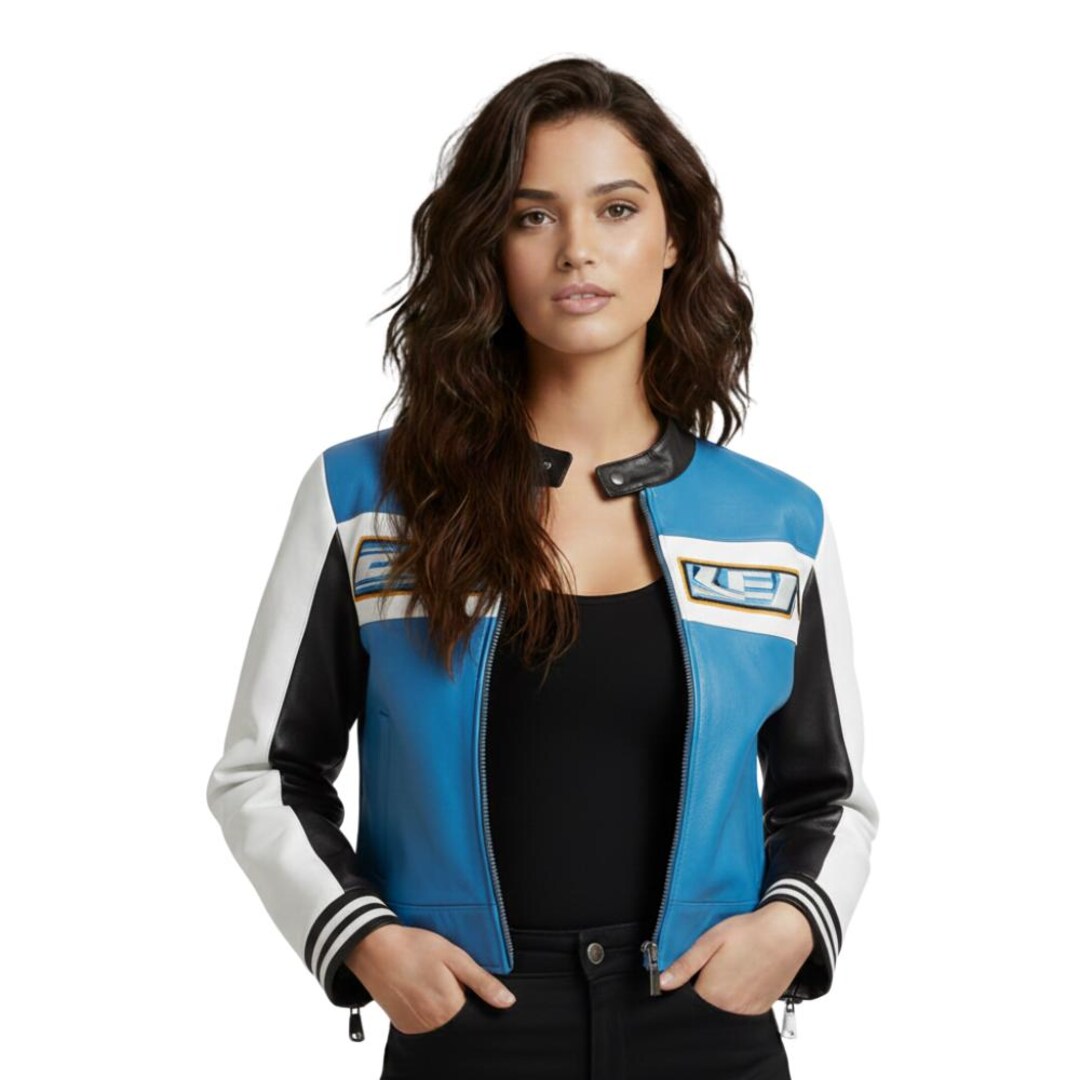 Handmade Women’s Blue Leather Racing Jacket Varsity Biker Style Coat - Etsy