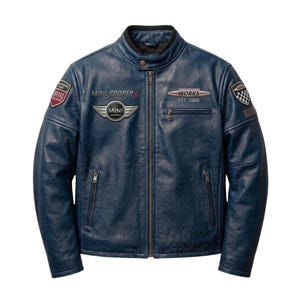 May include: A blue leather jacket with a stand-up collar and multiple patches. The jacket features the "MINI COOPER S" logo and "WORKS EST. 2000" text. It has a zipper closure and two front pockets.