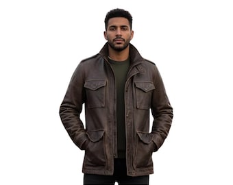 Handmade Men’s Brown Leather Field Jacket Classic Vintage Winter Coat