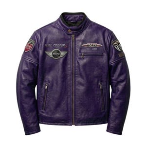 May include: A purple leather jacket with a stand-up collar and a front zipper. The jacket features multiple patches, including the Mini Cooper logo and "WORKS EST. 2000". The jacket has two zippered pockets and a quilted lining.