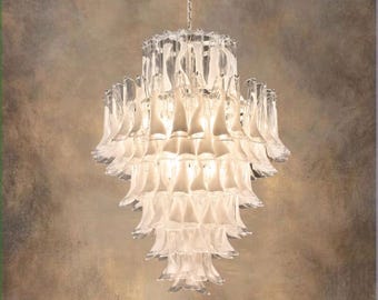 Lámpara de araña grande de cristal de Murano blanco, lámpara colgante de estilo italiano