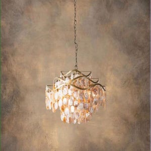 May include: A decorative chandelier with a tiered design. The fixture features a gold-colored metal frame and is adorned with numerous, oval-shaped, translucent shell-like elements. The chandelier hangs from a chain against a neutral-toned background.