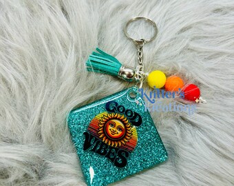 Keychain Good Vibes Glitter Resin Keychain Bag Tag Luggage Tag Kritters Kreations