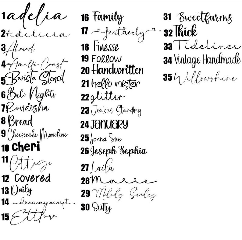 Puede incluir: Un fondo blanco muestra 35 muestras de texto en diversas fuentes. Las palabras incluyen "Adelia", "Family", "Glitter" y "January". Cada muestra est&aacute; numerada, mostrando caligraf&iacute;as y estilos de tipograf&iacute;a.