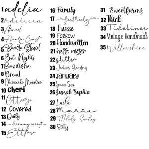 May include: A white background displays a collection of 35 words in various cursive and block fonts. The words include "Adelia", "Family", "Follow", "Glitter", and "January".