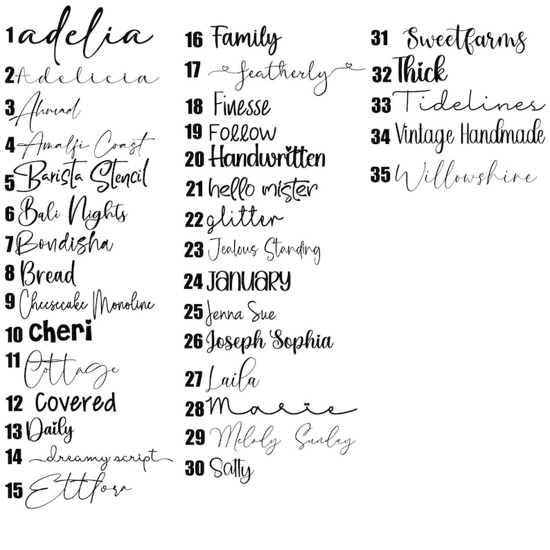 May include: A white background displays a collection of 35 words in various cursive and block fonts. The words include "Adelia", "Family", "Follow", "Glitter", and "January".