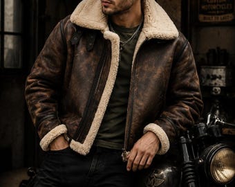 Handmade Men's Brown Genuine Sheepskin Leather B3 Bomber Aviator Jacket with Shearling Fur Lining