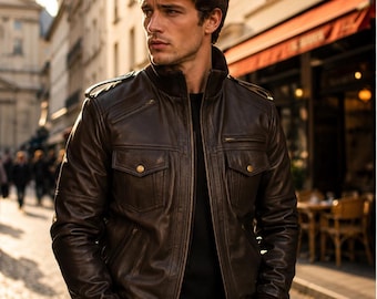 Blouson aviateur en cuir véritable marron effet vieilli pour homme | veste de motard vintage