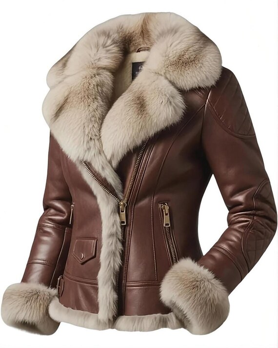 Shearling Jacket, Brown Genuine Sheepskin Leather Aviator Coat for Women