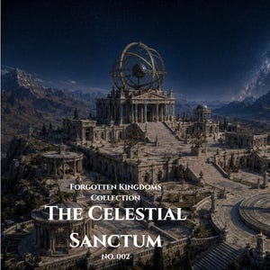 Könnte beinhalten: Ein Steinpalast mit einer großen Armillarsphäre auf dem Dach und einer Sonnenuhr im Innenhof vor einem Sternenhimmel. Der Text lautet: FORGOTTEN KINGDOMS COLLECTION THE CELESTIAL SANCTUM NO. 002.