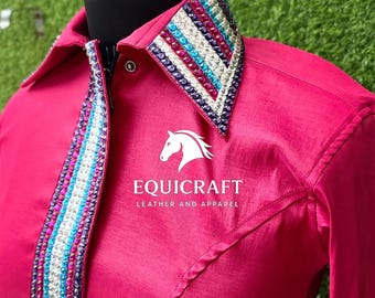 Camisa vaquera para mujer / Camisa de exhibición rosa fucsia multicolor a rayas con pedrería / Blusa de reina del rodeo para mujer / Camisa para espectáculos ecuestres
