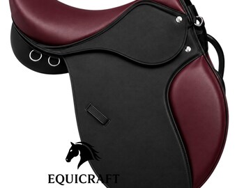 Synthetic English All Purpose Saddle Maroon Burgundy Black Vegan Faux Leather Jumping Saddle Knee Rolls Adjustable Fittings