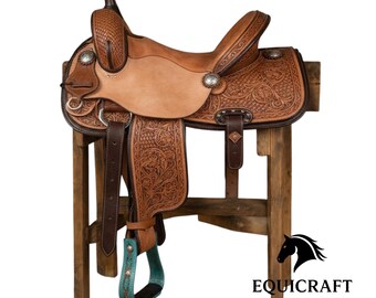 Hand Tooled Western Saddle with Floral Basketweave Leather Design | Tan Cowboy Saddle with Turquoise Stirrup Accents