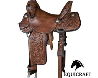 Hand Tooled Brown Western Saddle with Floral Basketweave Leather Design | Rich Cowboy Saddle with Silver Conchos