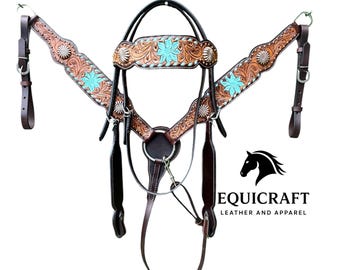 Turquoise Flower Tooled Leather Headstall & Breast Collar Set – Silver Concho Western Horse Tack | Barrel Racing Rodeo