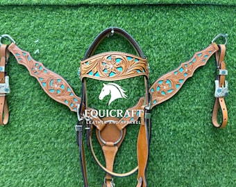 Conjunto de cabezada y pechera de cuero repujado a mano – Arreos de caballo western con incrustaciones de turquesa / Brida de rodeo con tallado floral