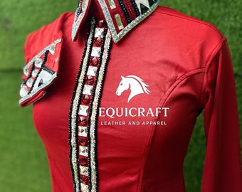 Womens Western Show Shirt | Red Crystal Rhinestone Embellished Showmanship Shirt | Ladies Rodeo Queen Blouse | Horse Show Shirt
