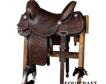 Hand Tooled Dark Brown Western Saddle with Floral Basketweave Leather Design | Rich Cowboy Saddle with Silver Conchos