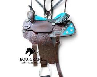 Hand Tooled Brown Western Saddle with Turquoise Suede Leather Design | Floral Cowboy Saddle with Silver Turquoise Conchos