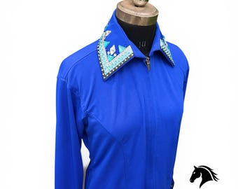 Womens Western Show Shirt | Royal Blue Rhinestone Turquoise Crystal Collar | Ladies Zip Showmanship Shirt | Horse Show Blouse