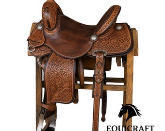 Hand Tooled Two-Tone Western Saddle with Floral Basketweave Leather Design | Dark Brown Cowboy Saddle with Silver Conchos