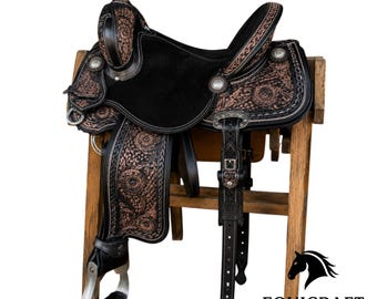 Hand Tooled Black Copper Western Saddle with Floral Leather Design | Black Suede Cowboy Saddle with Silver Conchos