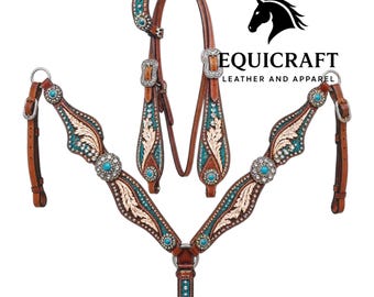 Hand Tooled Leather Headstall Breast Collar Set | Turquoise Crystal Feather Design Horse Tack | Rhinestone Concho Bridle Set