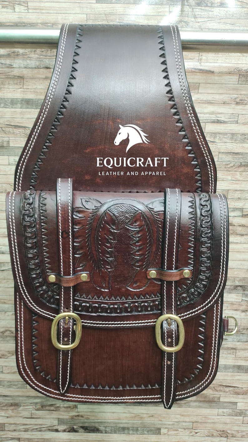 Dark Brown Tooled Leather Western Saddle Bag Horseshoe Carved Zigzag 
