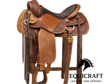 Two-Tone Western Trail Saddle Hand Tooled Leather – Floral Roper Saddle with Brass Conchos & Suede Seat, Full QH Bars