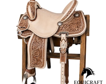 Handmade Western Leather Saddle | Brown Basketweave Floral Tooled Suede Seat Trail Saddle | Custom Barrel Pleasure Horse Saddle
