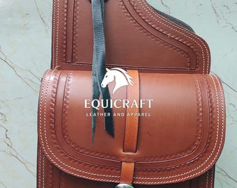 Tan Leather Western Saddle Bag – Border Stamp Concho Horse Trail Bag | Single Buckle Cowboy Riding Tack