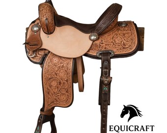 Hand Tooled Two-Tone Western Saddle with Floral Leather Design | Tan Brown Cowboy Saddle with Turquoise Accents & Silver Conchos