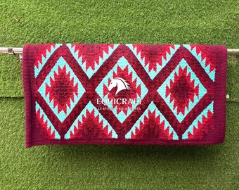 Aztec Western Saddle Blanket | Burgundy Turquoise Red Wool Pad | Hand-Woven Southwestern Horse Saddle Blanket | Show Pad