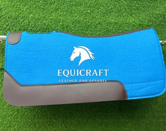 18 MM Blue Woollen Felt Saddle Pad with Leather | Western Riding Pad | 30X30" & 32X32"