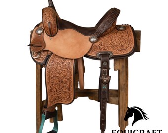 Hand Tooled Two-Tone Western Saddle with Floral Leather Design | Tan Brown Cowboy Saddle with Turquoise Accents & Silver Conchos