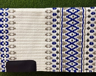 White Blue Grey Wool Western Saddle Pad – Aztec Diamond Show Pad | Horse Blanket Barrel Racing Rodeo Ranch Tack