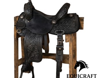 Hand Tooled Black Western Saddle with Floral Basketweave Leather Design | All-Black Cowboy Saddle with Silver Conchos