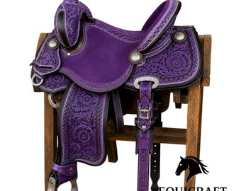 Hand Tooled Purple Western Saddle with Floral Leather Design | Vivid Violet Cowboy Saddle with Silver Conchos & Suede Seat