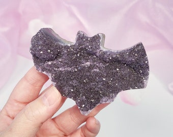 Druzy Purple Amethyst Bat Crystal Carving, Halloween Gothic Witchy Crystal Gift
