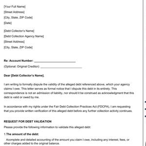 Debt Collection Dispute Letter Template | Debt Validation Letter | Dispute & Verify Debt Legally (FDCPA) | PDF Word Google Docs | Printables