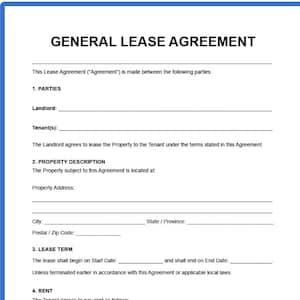 May include: A General Lease Agreement form with a blue border. The document includes sections for parties, property description, lease term, and rent. The text is black on a white background, with headings in bold.