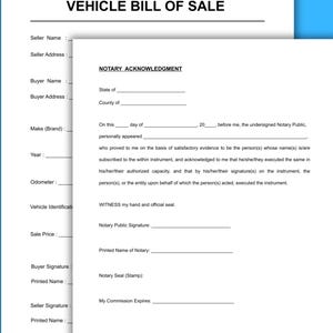 Vehicle Bill of Sale With Notary | Printable Template PDF | Car Sale Form for DMV | US Letter & A4 | Instant Download